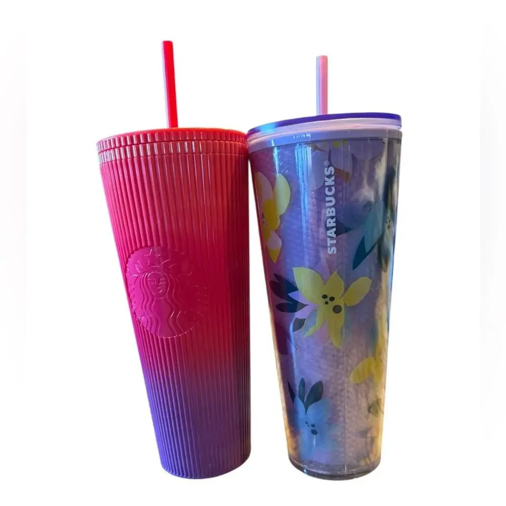 Starbucks Set of 2 Vibrant Purple Floral & Pink and Purple Tumblers 24 oz.